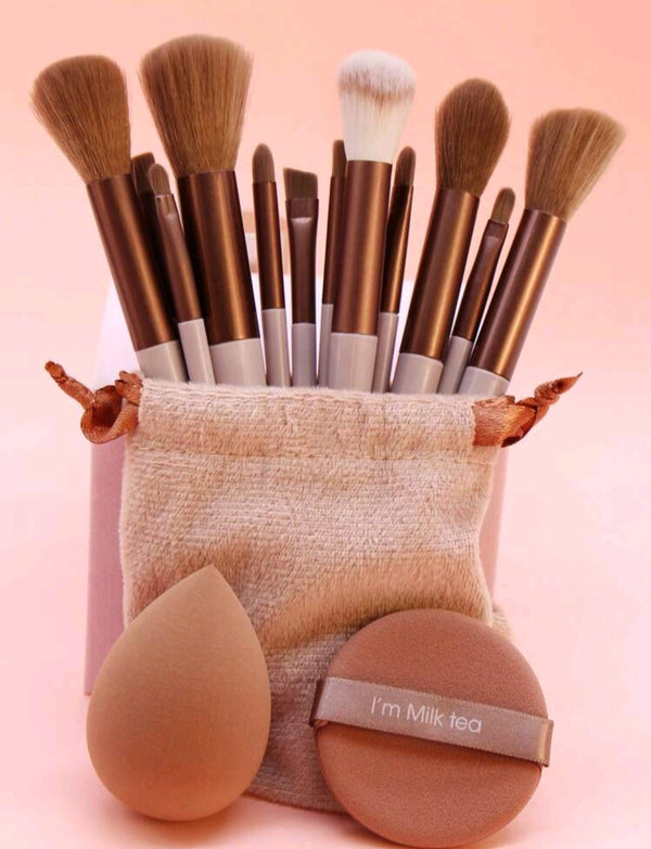 13pcs Makeup Brush Set + 2pcs Brown Makeup Sponges