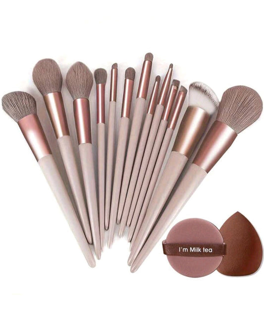13pcs Makeup Brush Set + 2pcs Brown Makeup Sponges